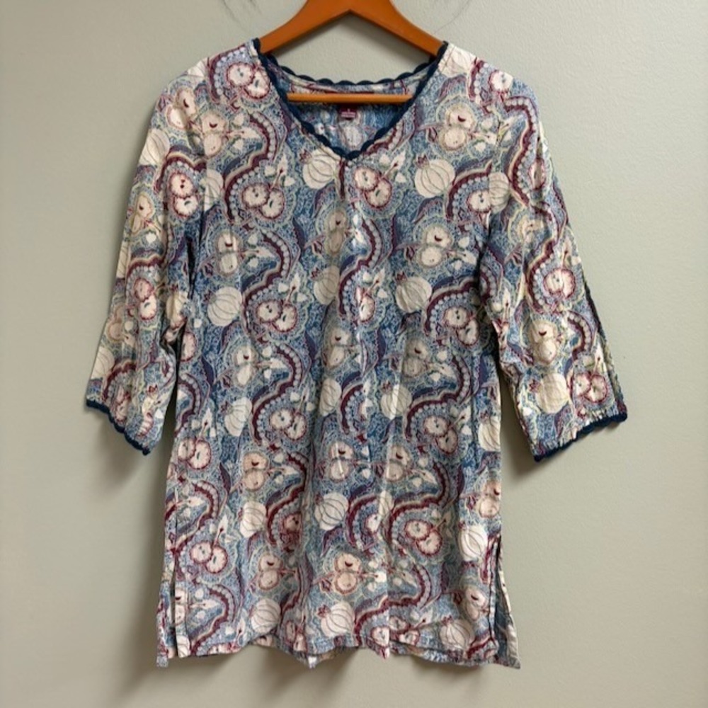 April Cornell Blue Paisley Cotton Tunic Top Crochet Trim V-Neck Small S Cottage